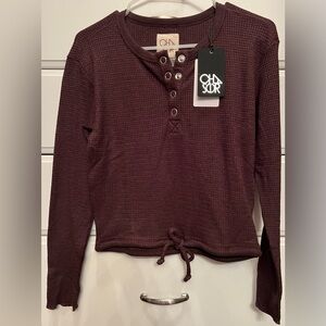 Chaser Women's Long Sleeve Waffle Knit Snap Henley Drawstring Waist Tee XS NWT